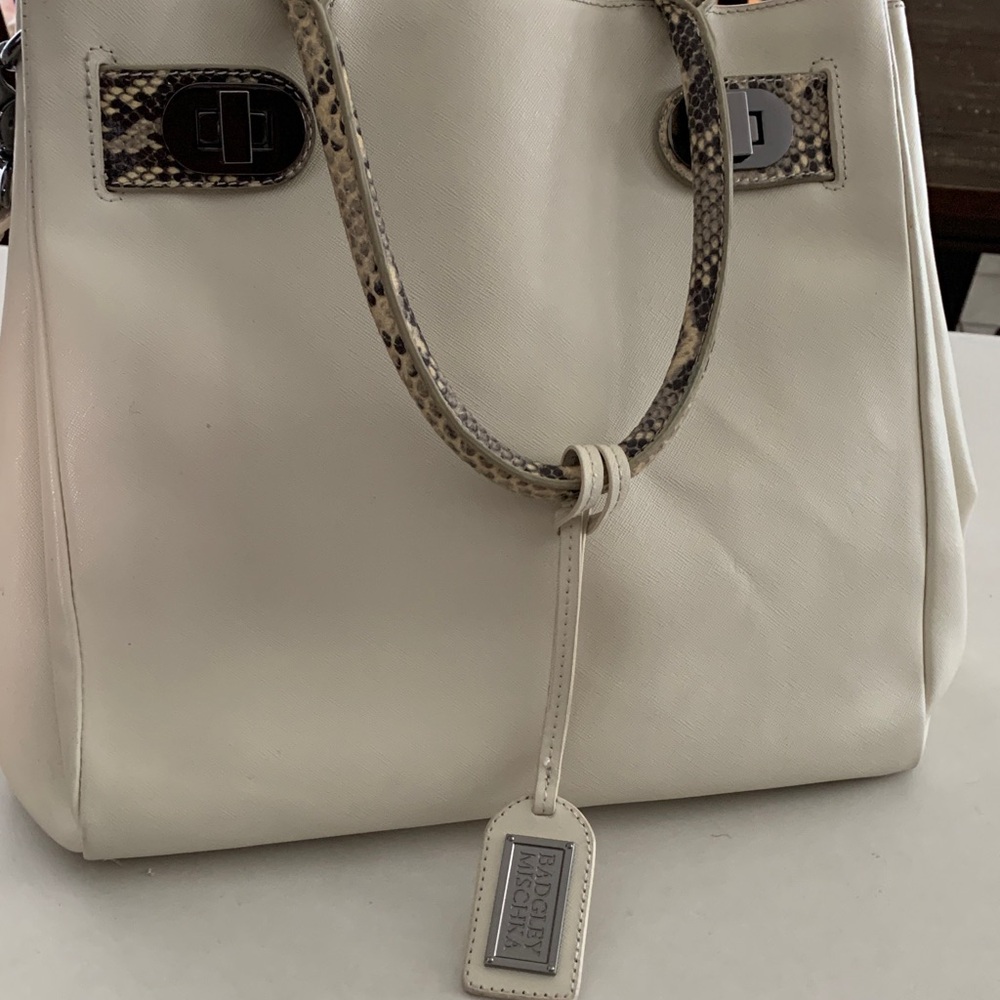 Badgley Mischka off white  Leather Bag with Snakeskin Accents